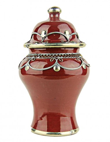 Moroccan sugar bowl, burgundy with metal trim,...