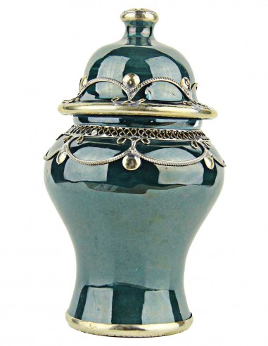 Moroccan sugar bowl, teal blue with metal trim,...
