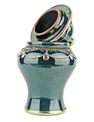 Moroccan sugar bowl, teal blue with metal trim,...