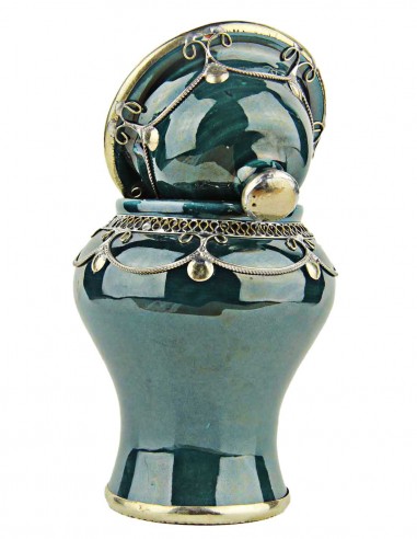 Moroccan sugar bowl, teal blue with metal trim,...