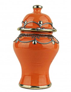 Moroccan sugar bowl, orange with metal trim, large