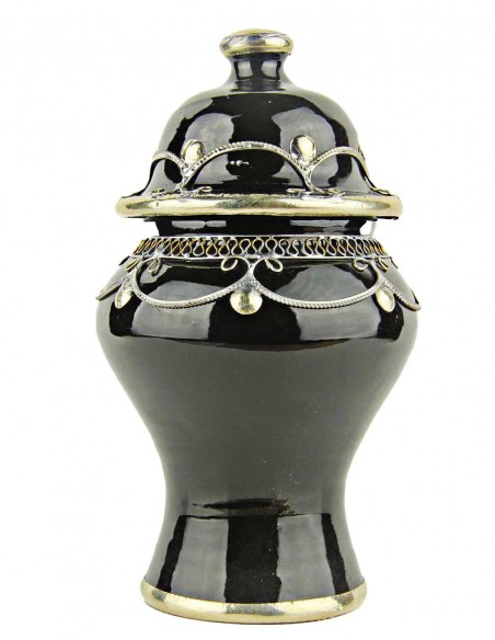 Moroccan sugar bowl, black with metal trim, large