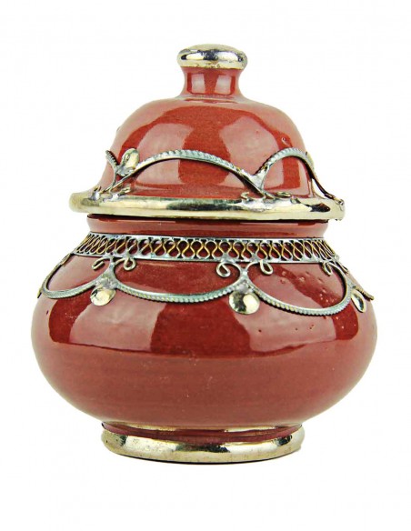 Moroccan sugar bowl, brick red with metal trim, small
