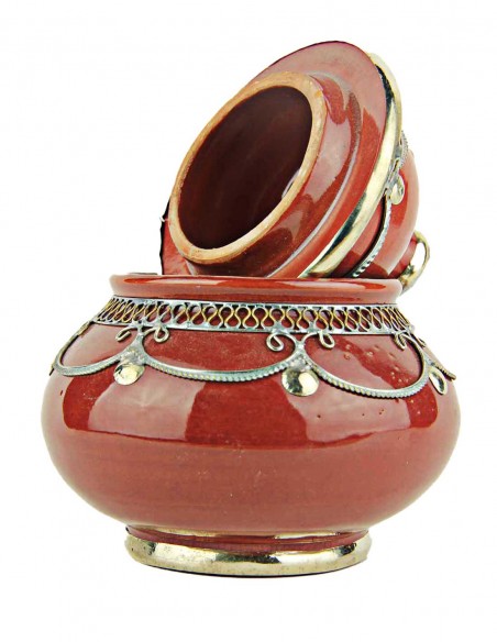 Moroccan sugar bowl, brick red with metal trim, small