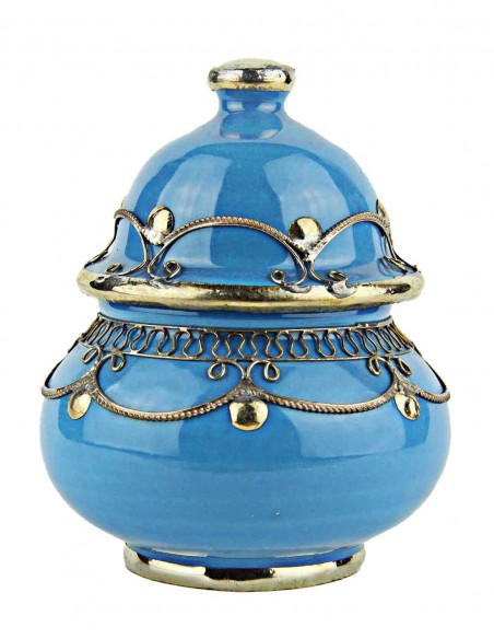 Moroccan sugar bowl, sky blue with metal trim, small