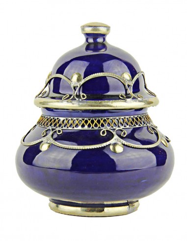 Moroccan sugar bowl, royal blue with metal...