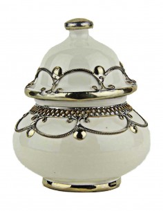 Moroccan sugar bowl, white with metal trim, small