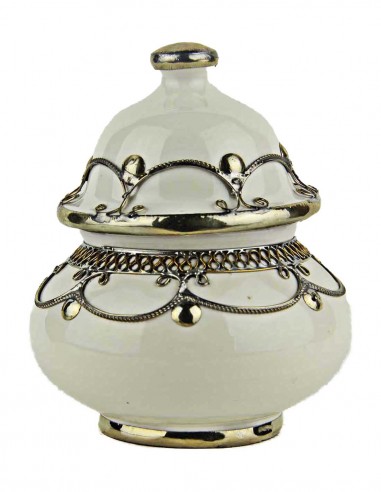 Moroccan sugar bowl, white with metal trim, small