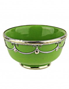 Moroccan lime green bowl with silver metal trim, 5 in