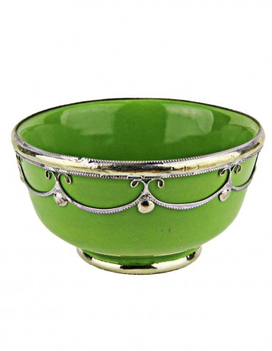 Moroccan lime green bowl with silver metal...