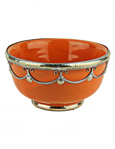 Moroccan orange bowl with silver metal trim, 5 in