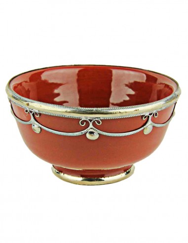 Moroccan red bowl with silver metal trim, 5 in