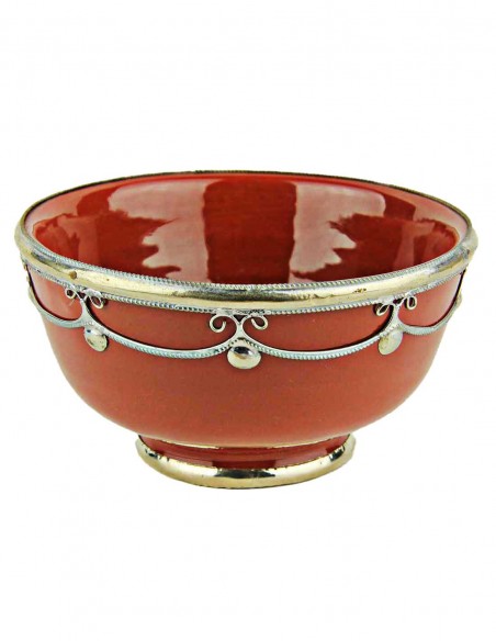 Moroccan red bowl with silver metal trim, 5 in