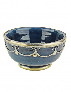 Moroccan navy blue bowl with silver metal trim, 5 in
