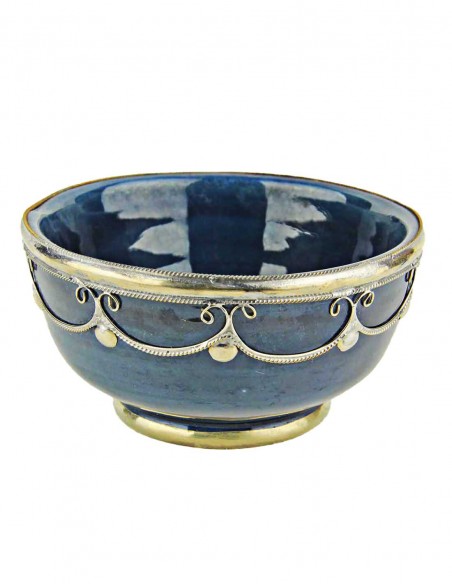 Moroccan navy blue bowl with silver metal trim, 5 in