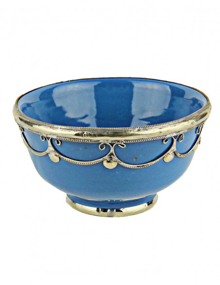 Moroccan blue bowl with silver metal trim, 5 in
