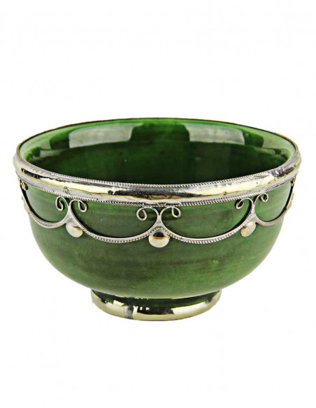 Bol marocain vert foncé cerclé de métal argenté, 5 po
