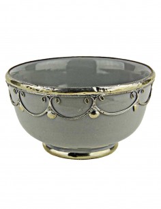 Moroccan grey bowl with silver metal trim, 5 in