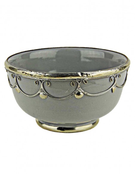 Bol marocain gris cerclé de métal argenté, 5 po
