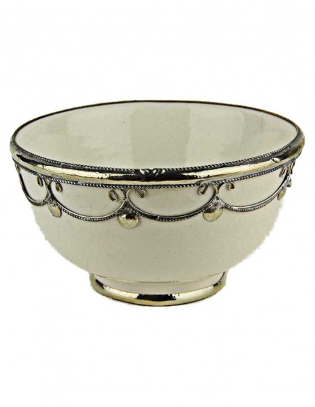 Moroccan white bowl with silver metal trim, 5 in
