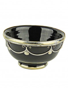 Moroccan black bowl with silver metal trim, 4.5 in