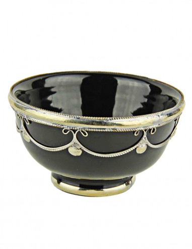 Bol marocain noir cerclé de métal argenté, 4,5 po