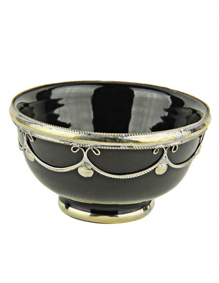 Moroccan black bowl with silver metal trim, 4.5 in