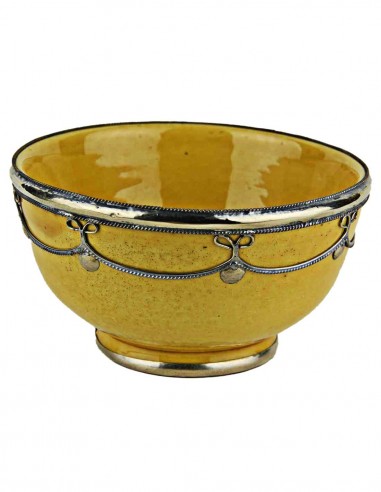 Moroccan yellow bowl with silver metal trim,...