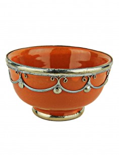 Moroccan orange bowl with silver metal trim, 4.5 in