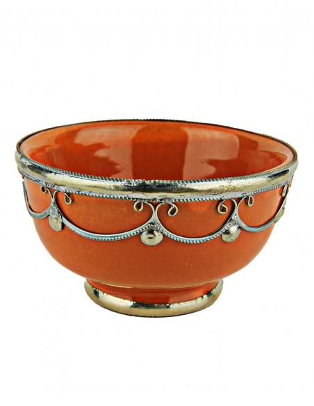 Moroccan orange bowl with silver metal trim, 4.5 in