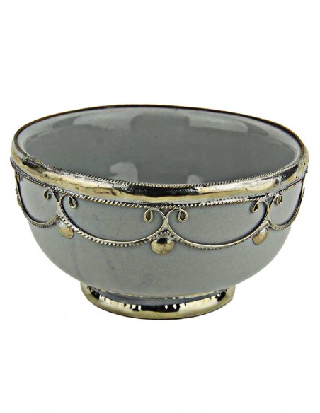 Bol marocain gris cerclé de métal argenté, 4,5 po
