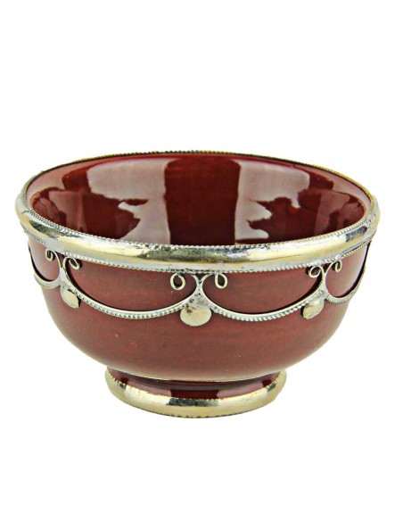 Moroccan burgundy bowl with silver metal trim, 4.5 in