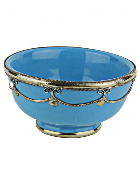 Bol marocain bleu ciel cerclé de métal argenté, 4,5 po
