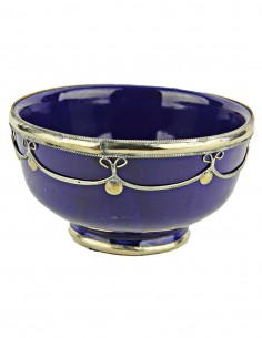 Moroccan royal blue bowl with silver metal trim, 4.5 in