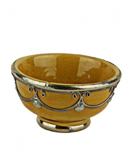 Bol marocain moutarde cerclé de métal argenté, 3,5 po