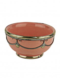 Moroccan salmon pink bowl with silver metal trim, 3.5 in