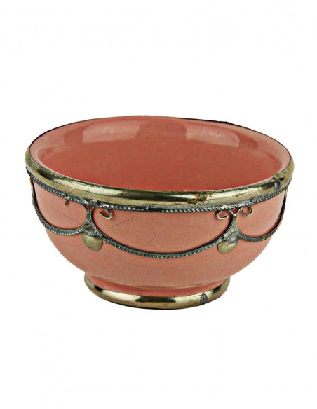Bol marocain rose saumon cerclé de métal argenté, 3,5 po