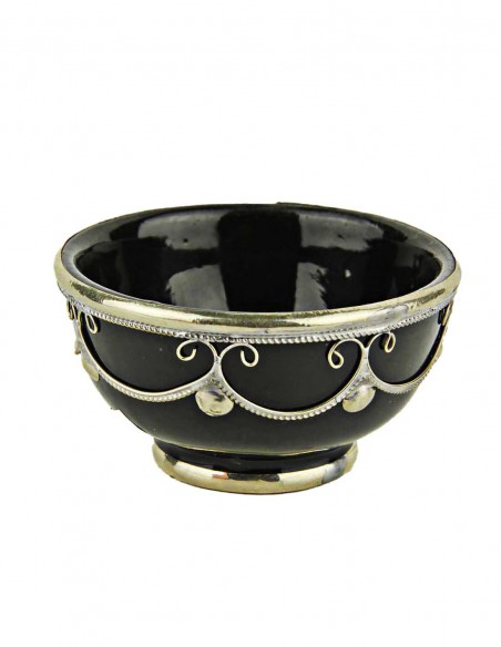 Moroccan black bowl with silver metal trim, 3.5 in