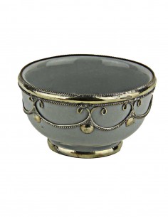 Moroccan grey bowl with silver metal trim, 3.5 in