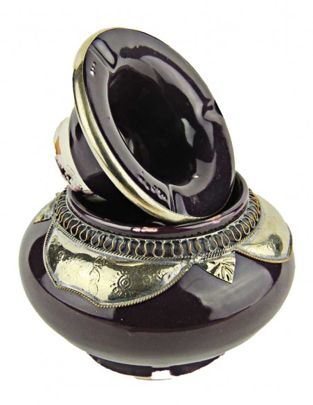 Moroccan ashtray T2, dark purple with silver metal collar
