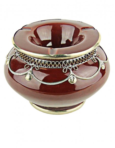 Moroccan ashtray T3, deep red with silver filigree