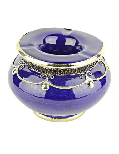 Cendrier marocain T3 bleu roi à filigrane argenté, modèle A