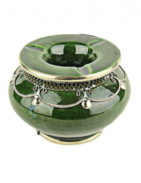 Cendrier marocain T3 vert olive à filigrane argenté