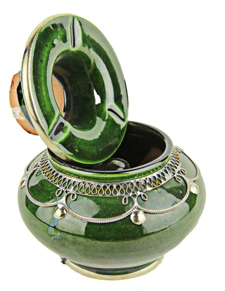 Moroccan ashtray T3, olive green with silver filigree