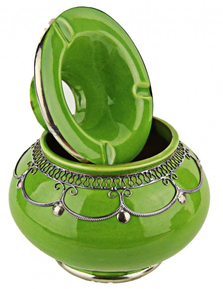 Cendrier marocain T3 vert pomme à filigrane argenté, modèle B