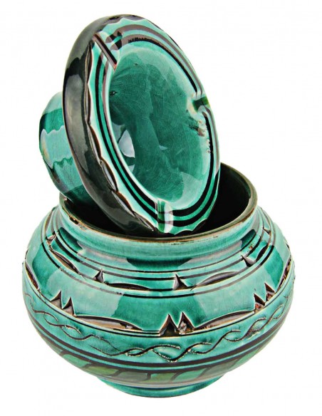 Cendrier marocain T5 vert émeraude à motifs gravés