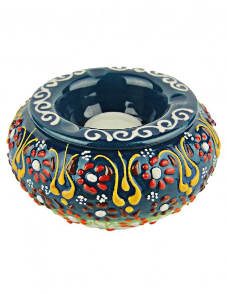 Colourful ashtray T3, petrol blue with raised flowers