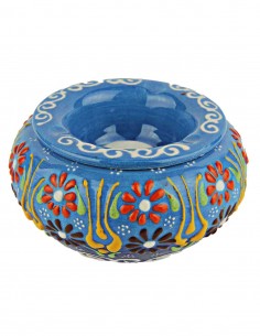 Cendrier coloré T3 bleu ciel à fleurs et volutes en relief