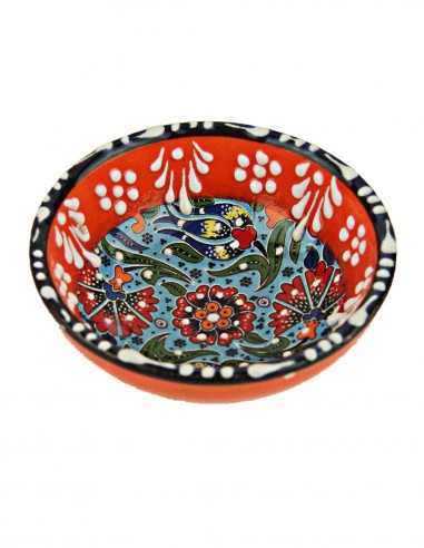 Turkish red and blue bowl with raised flowers,...