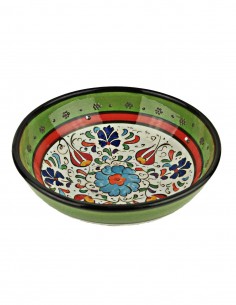 Turkish green bowl, tulips and blue flowers, 6.25 in